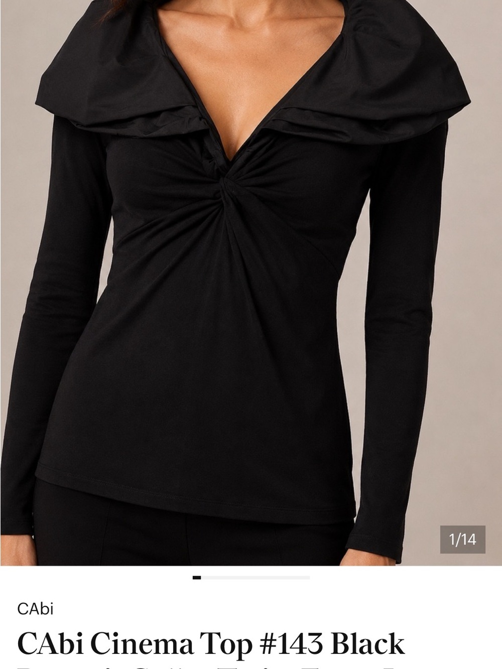 CAbi Black Twist-Front Long Sleeve Top with Dramatic Collar